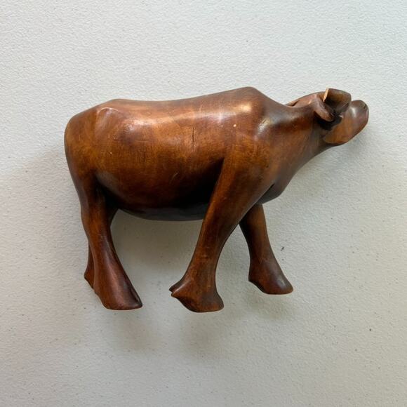 Vintage Water Buffalo Small Wood Figurine Sculpture Hand Carved 6" High - Picture 2 of 15